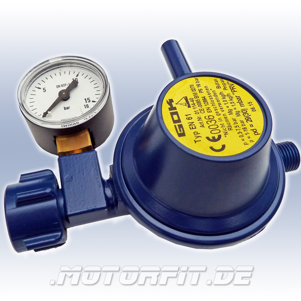 GOK 30mbar Gasdruckregler EN61 1,5kg/h mit Manometer Marine