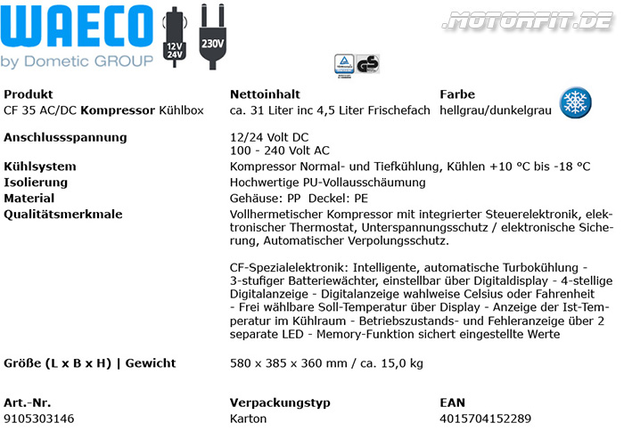 Waeco CoolFreeze CF-35 (31L) 12/24/230V 9105303146