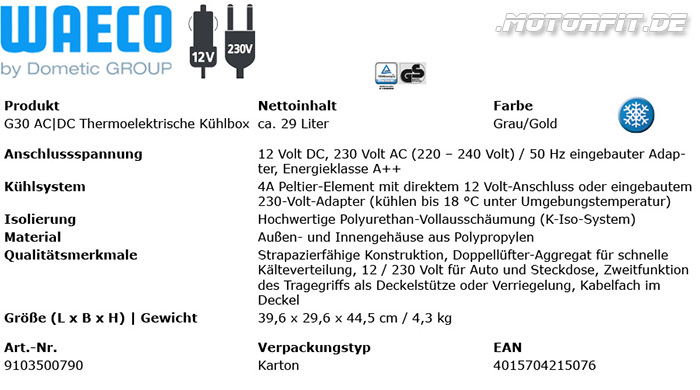 9103501266 WAECO V30 Kühlbox 12V 230V, A++, 30l, thermoelektrisch